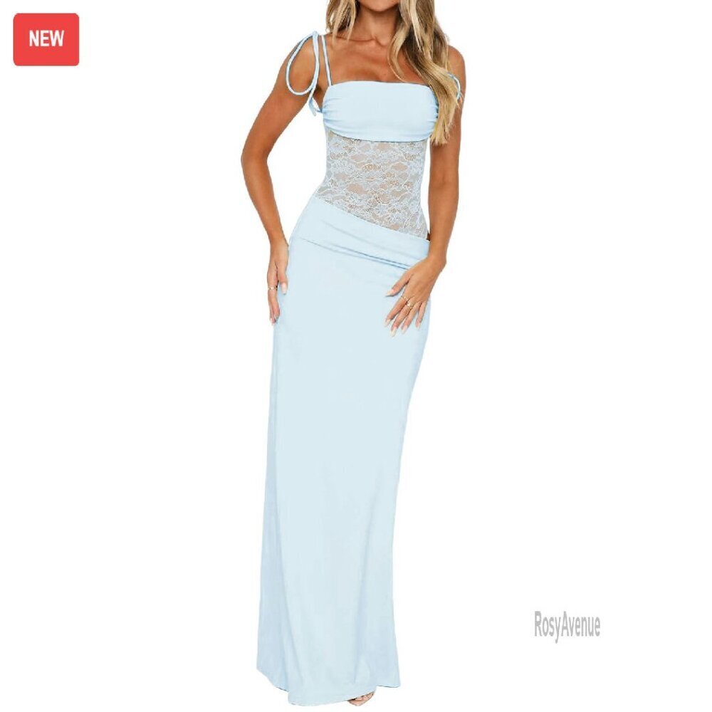 Lace Splicing Cutout Maxi Dress Bodycon Long Dress Sheer Corset